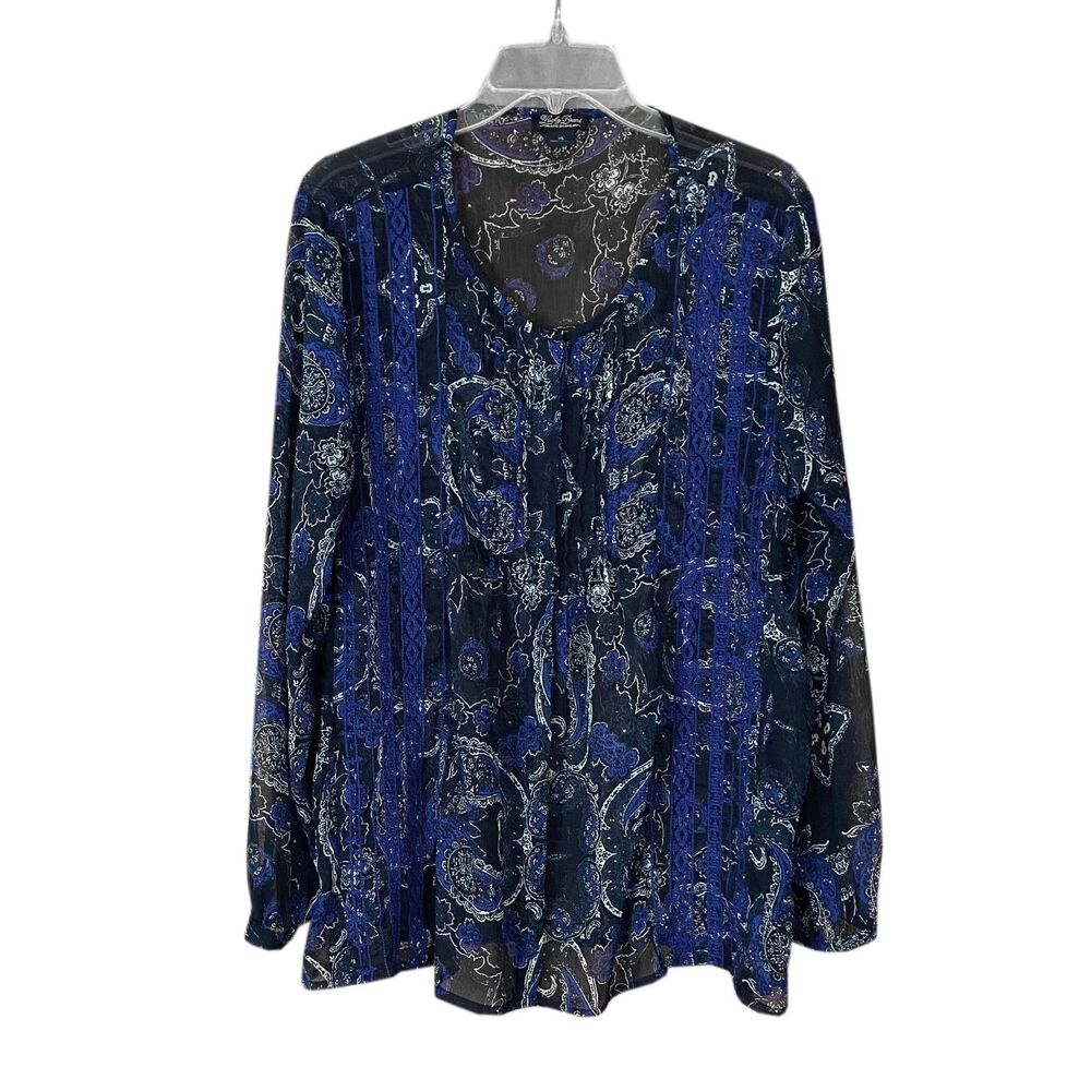 Lucky Brand Chiffon Blouse Size XL Blue Paisley Sheer Long Sleeves Boho Peasant